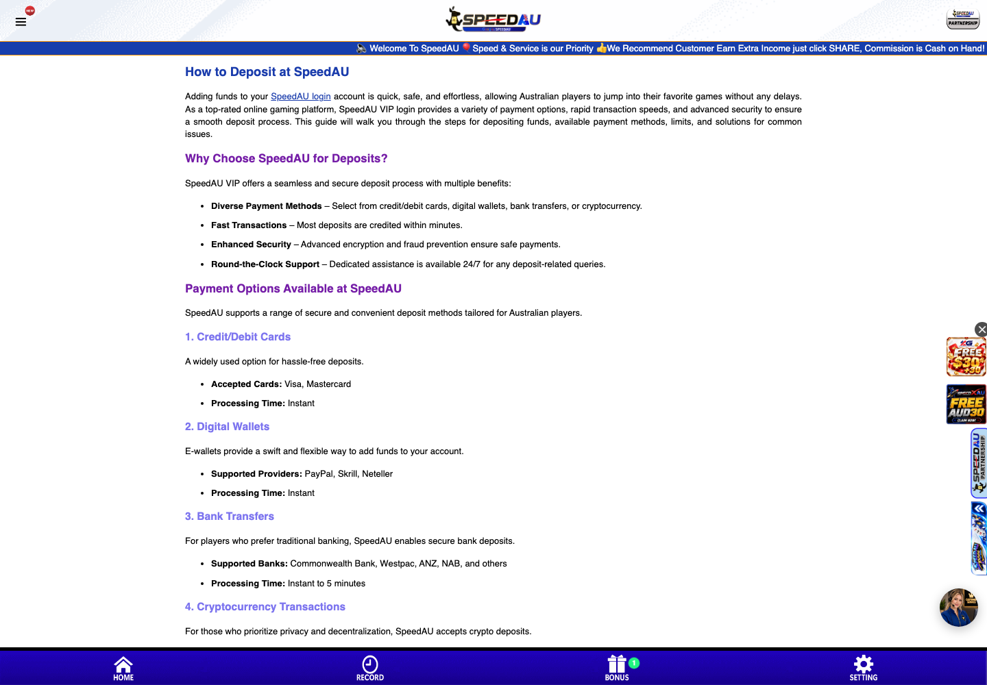 SpeedAU deposit guide listing cards, digital wallets, bank transfers and cryptocurrency