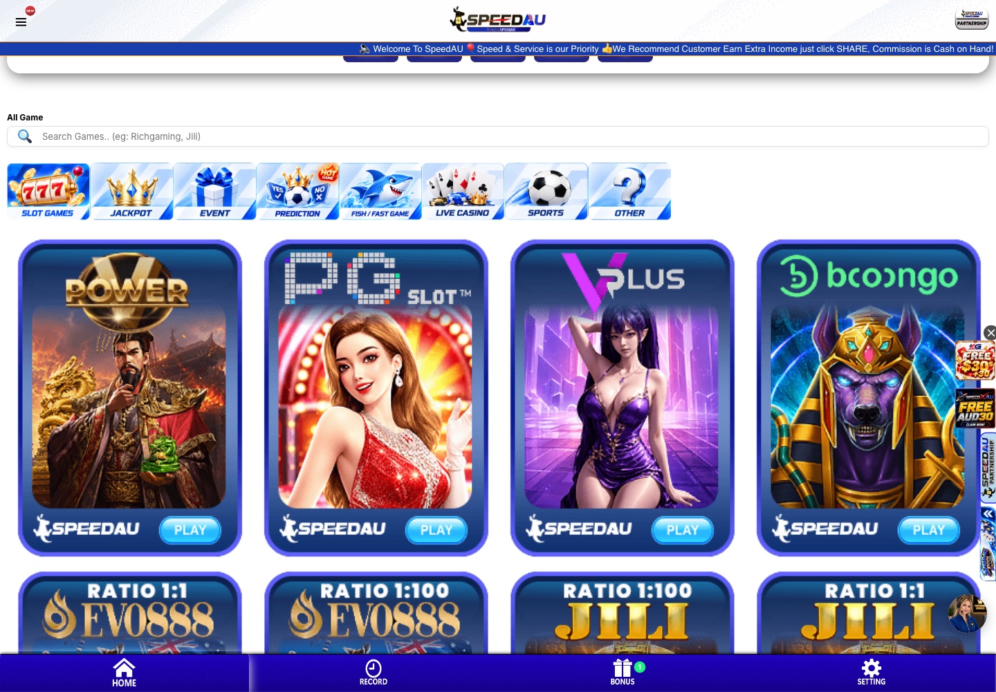 SpeedAU game lobby showing slot, jackpot, live casino, sports and other categories