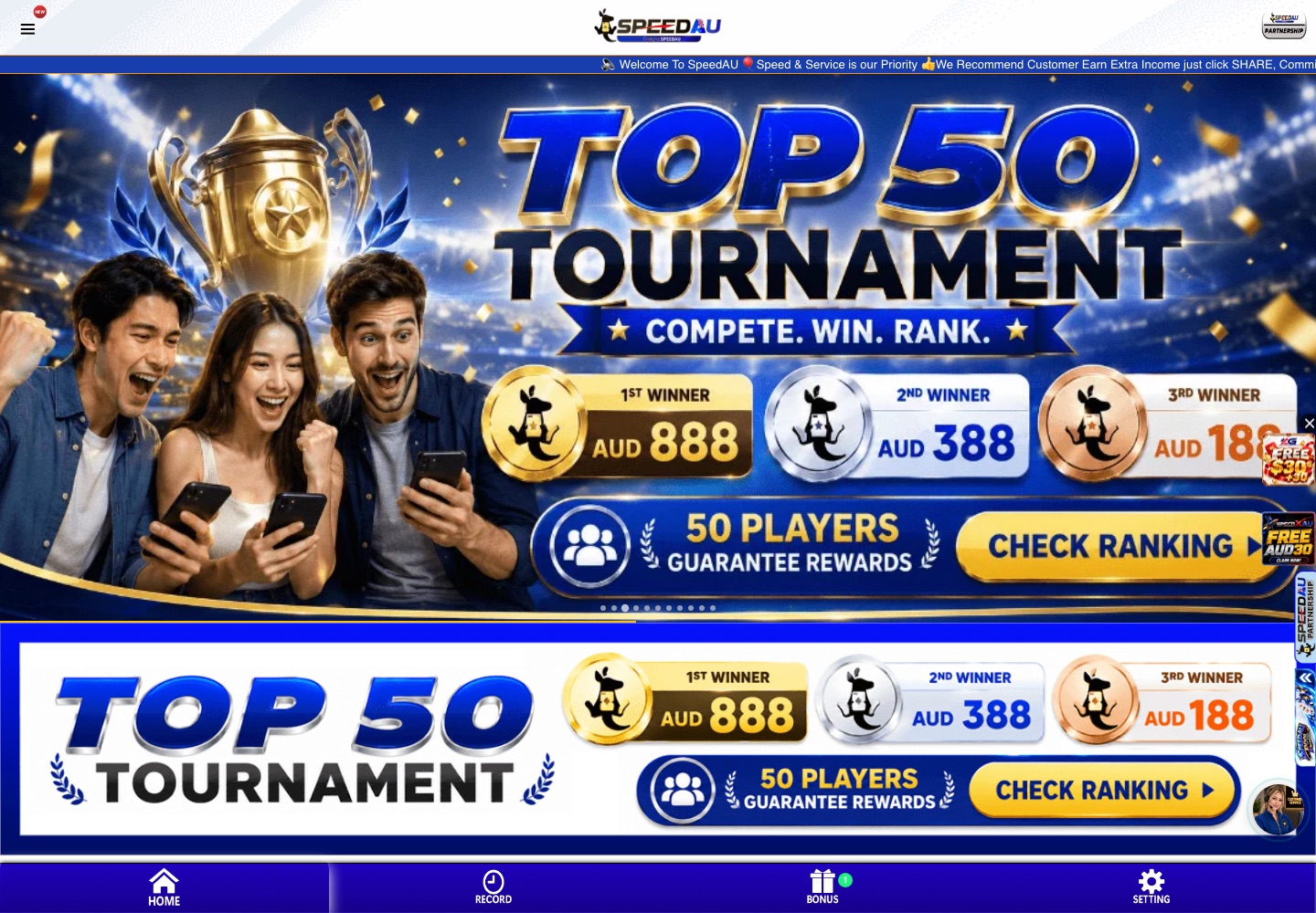 SpeedAU official casino homepage with tournament promotion and navigation