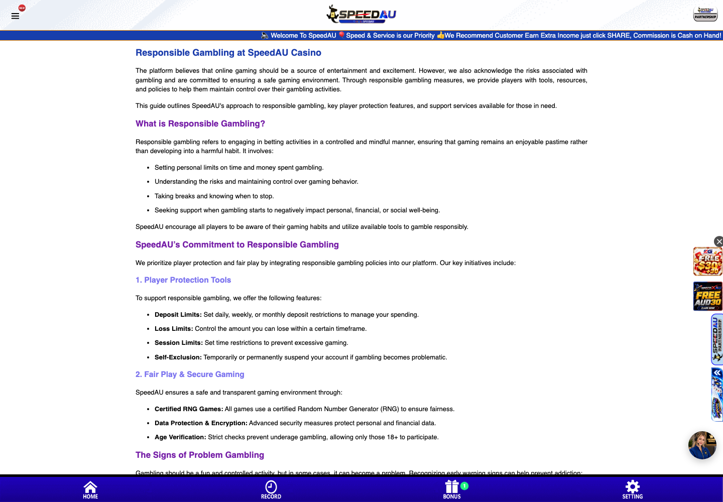 SpeedAU responsible gambling page outlining player protection and account limits