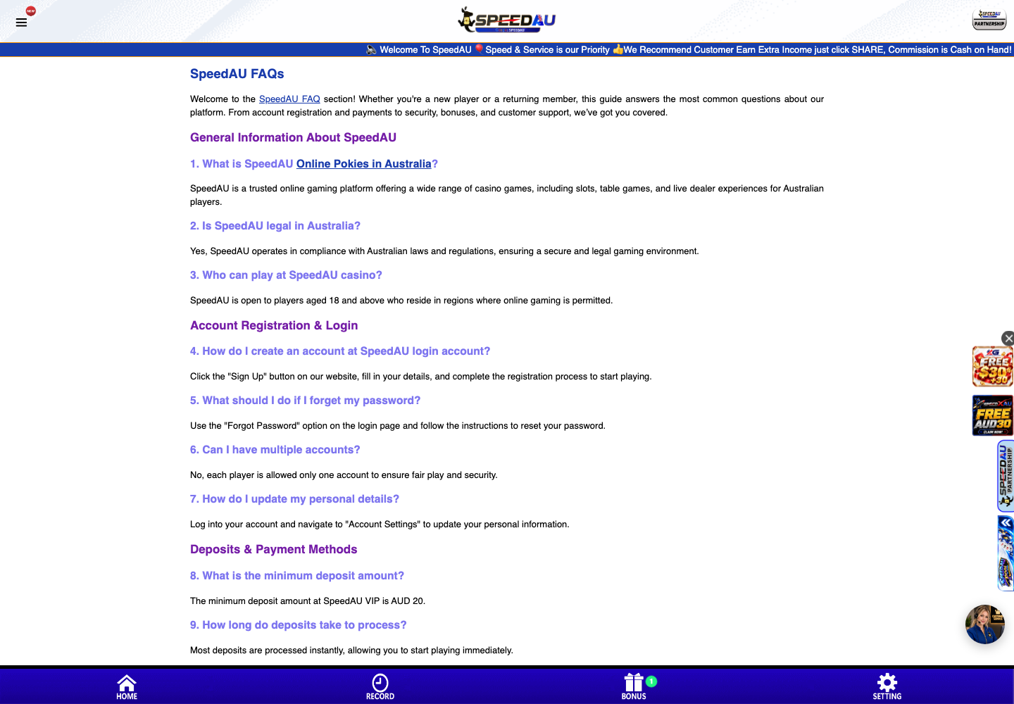 SpeedAU FAQ page covering registration, login, deposits and payment methods
